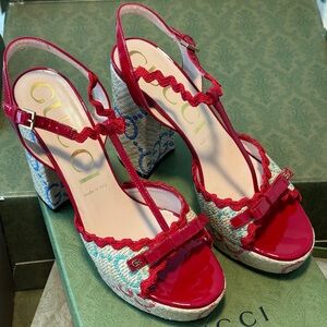GUCCI Red Kertu Raffia-Jacquard Block-Heel Sandals -NEW
